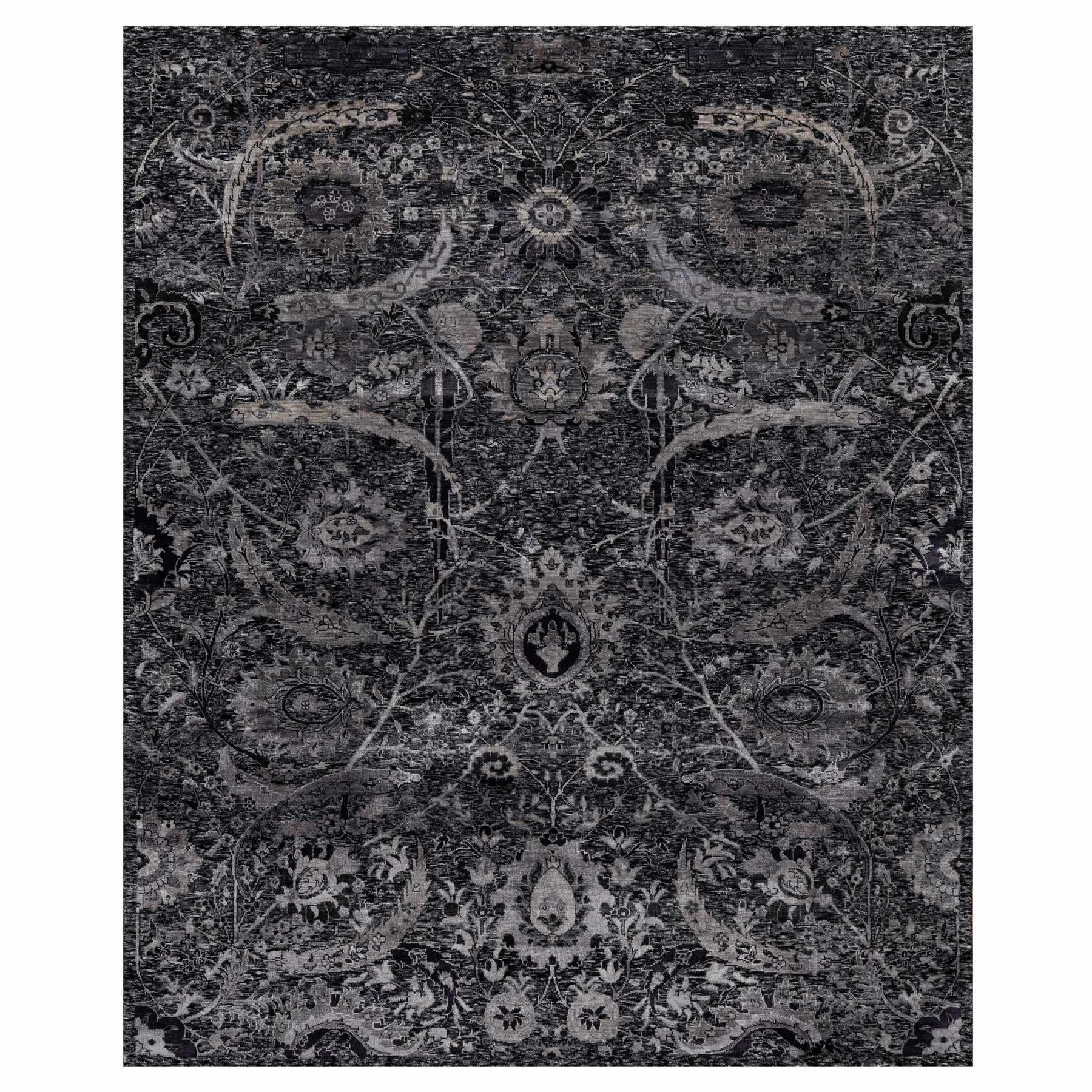 8'1"x10' Charcoal Black, Lush and Plush, Hand Knotted, Sickle Leaf Design, Soft Pile, Wool and Silk, Oriental Rug 